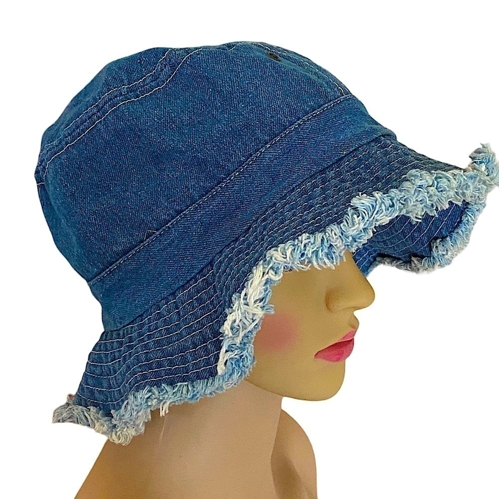 Vintage Blue Denim Fringed Bucket Hat OSFM Cottagecore Minimalist Boho Chic